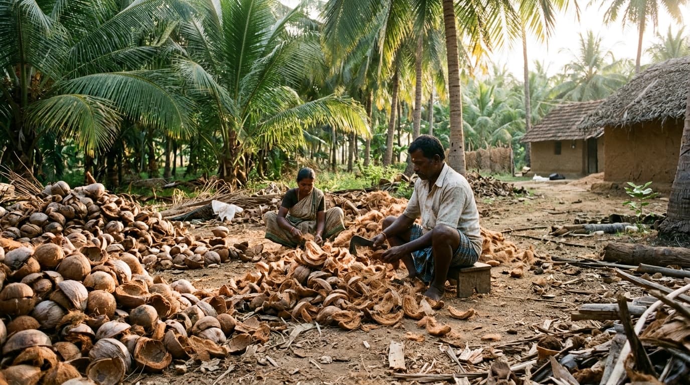 Rural South Indian farmers harvesting coconut shells and agricultural residue in Tamil Nadu palm groves