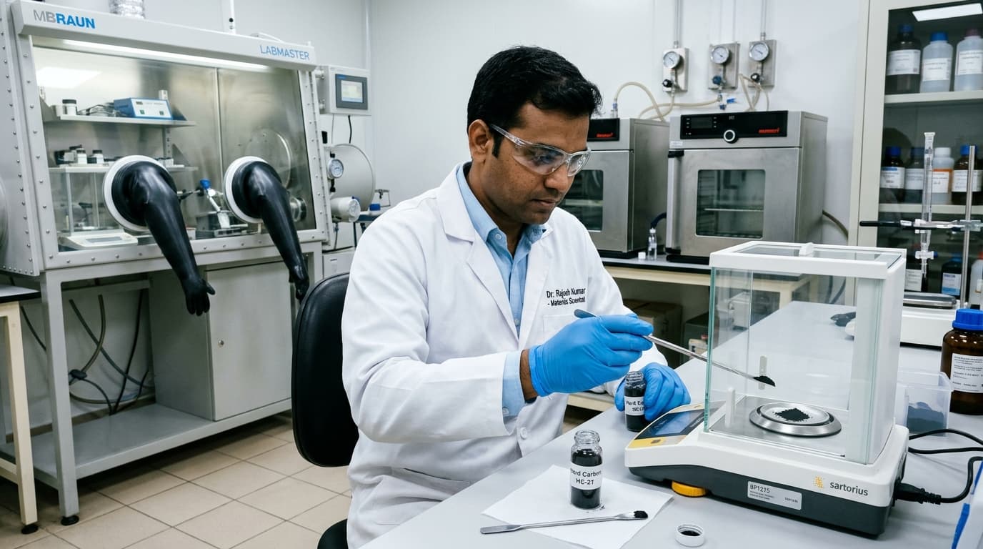 Materials scientist measuring refined bio-carbon hard carbon active powder on analytical balance in Coimbatore battery lab